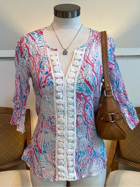 Casey Key Colorful Coral-Print Tropical Blouse, 100% Cotton, Lilly P Vibes